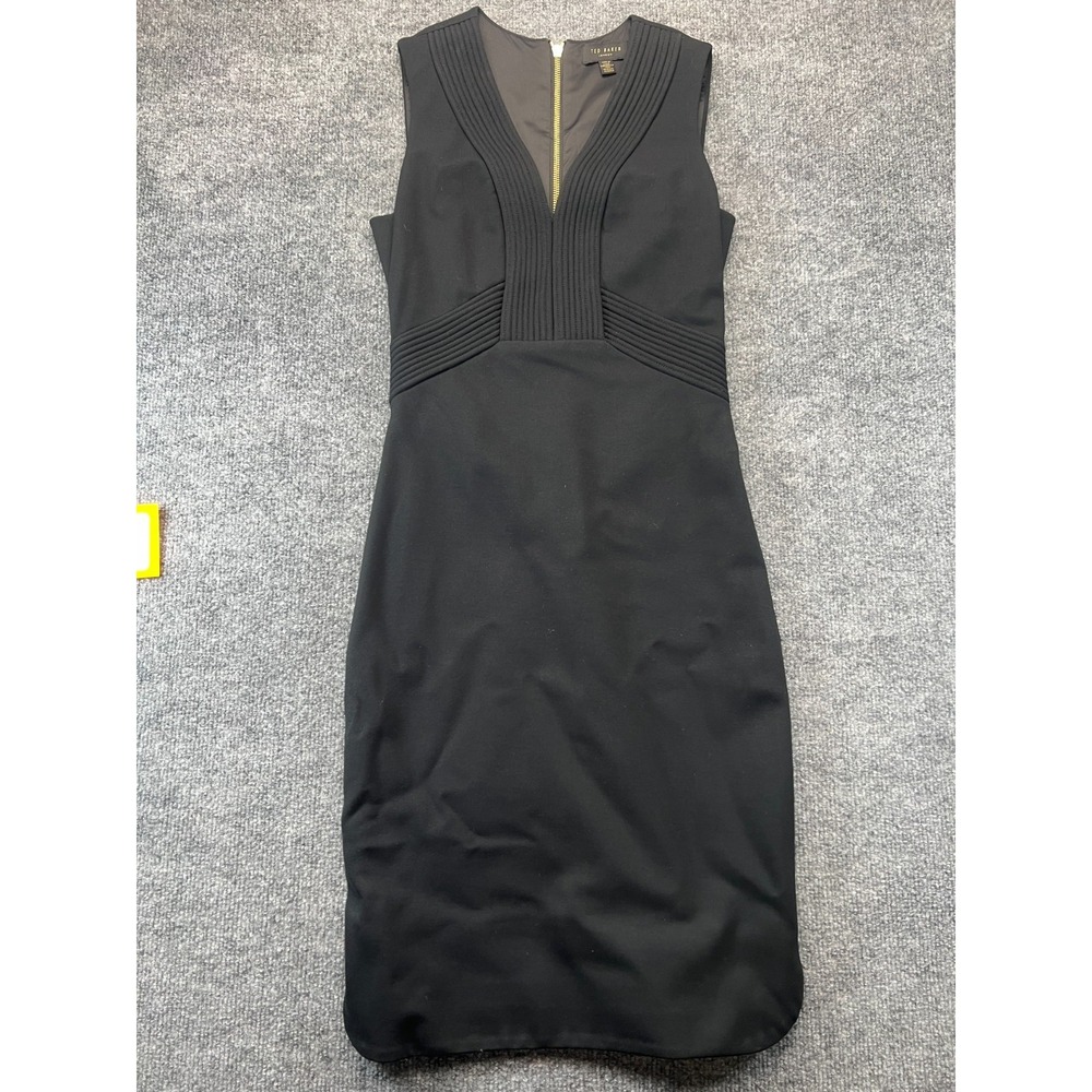 Ted Baker Bodycon Sheath Dress Womens 0 Black Sleeveless Pleated V-Neck Back Zip